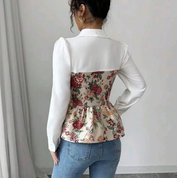 Women's Retro Floral Patchwork Long Sleeve Blouse, Elegant Style Suitable for Au - Picture 4 of 4